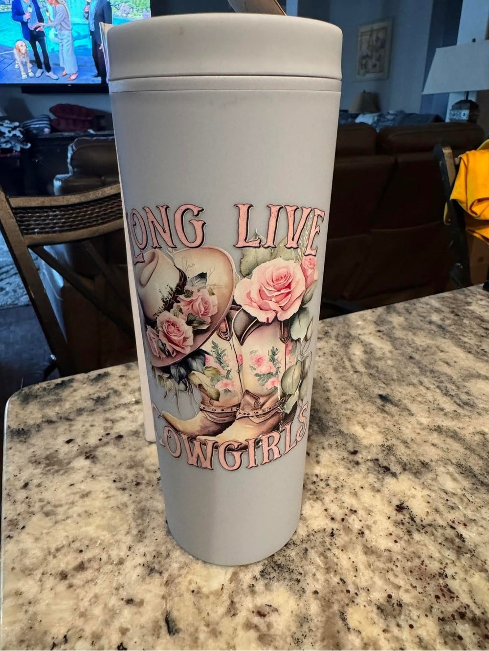 Long Live Cowgirls Floral Travel Tumbler - Light Gray NEW IN BOX